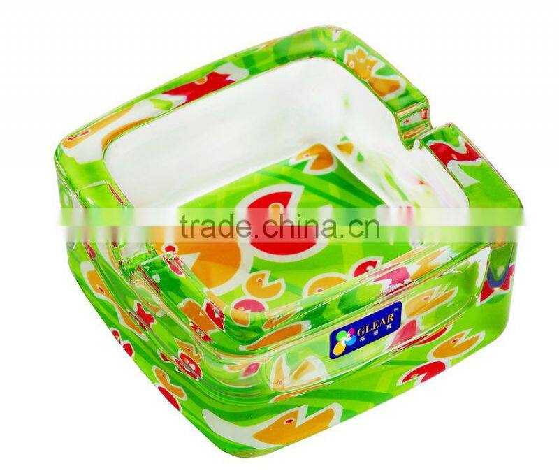 Glass ashtray with decal on bottom,high quality glass ashtray