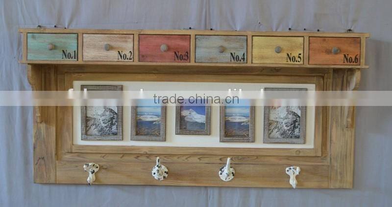 2016 new style antique wooden wall shelf drawers with ceramic hangers
