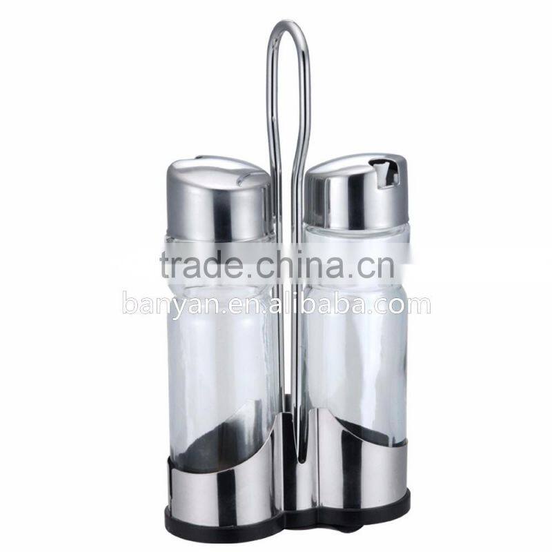 Stainless Steel Condiment Holders Glass Bottle Vinegar Oil Glass Cruet set