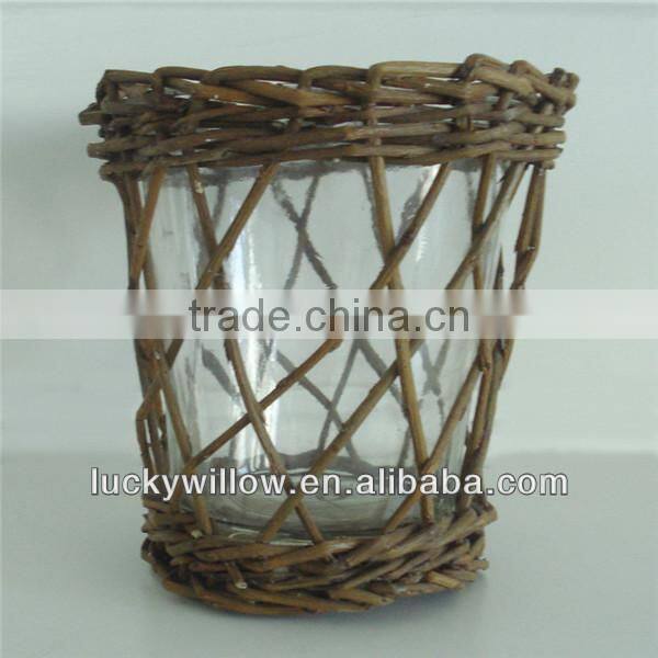 wholesale small round wicker basket with glass bottle candle holder