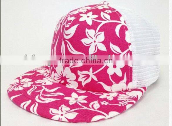 2013 pattern floral pattern pink 100% cotton flat brim Hawaii 5 panel blank mesh caps baseball