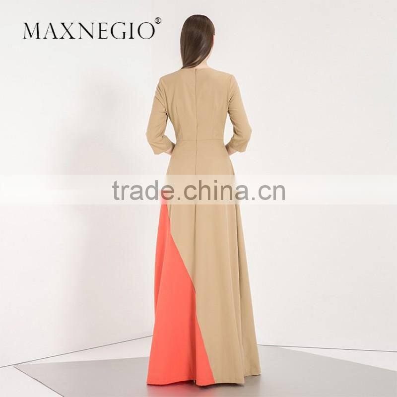 Latest design fashion contrast color ladies high quality elegant long sleeve and maxi evening dress 2016