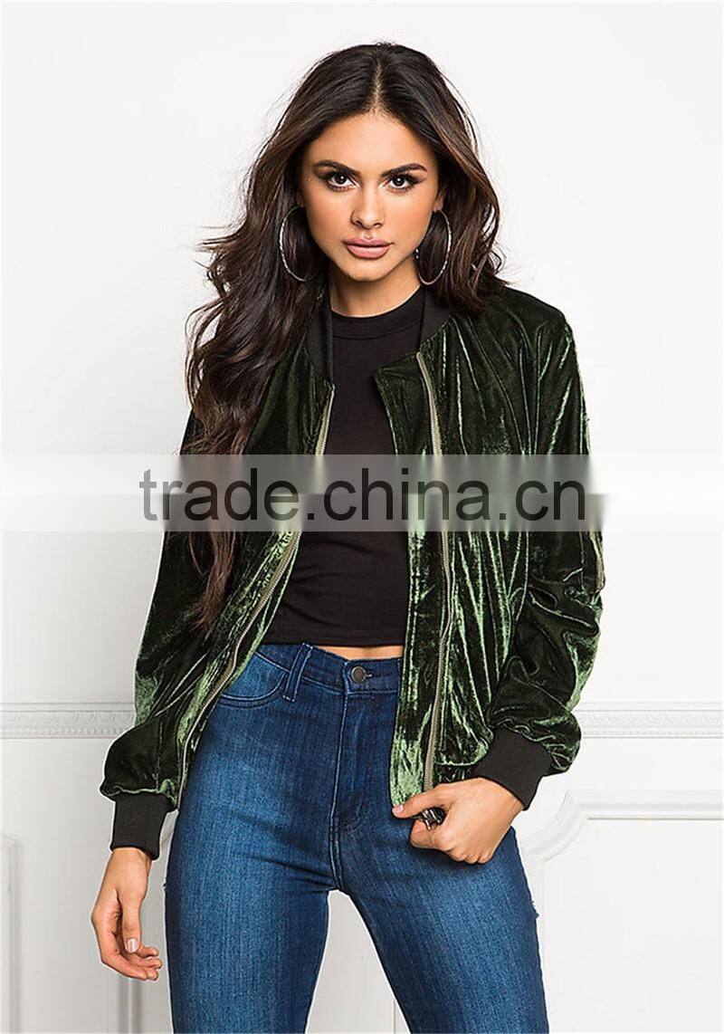 MGOO Custom Cheap Price Women Green Velvet Bomber Jackets Long Sleeves Zip Up Plain Fashion Winter Coat