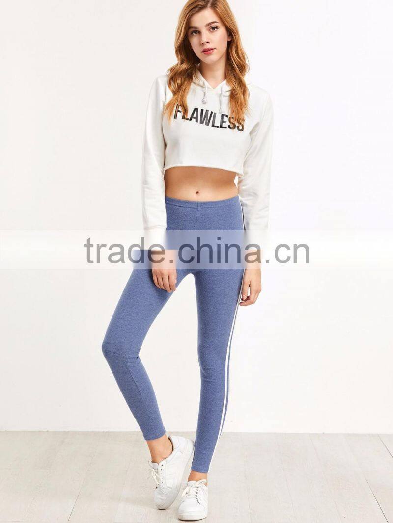 Sexy Basic Raw Hem Crop Tops With Blue Striped Side Leggings Cotton Blends Casual Women Sportwear Jogger