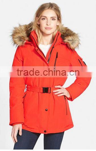 Women's Belted Quilting Padding Long Parka With Detachable Faux Fur Hood