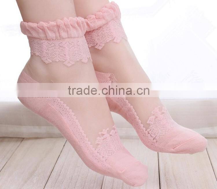 Hot sales Colorful Ultrathin Transparent Beautiful Crystal Lace Elastic Short Women Socks Calcetines Pink Sock for Womens meias