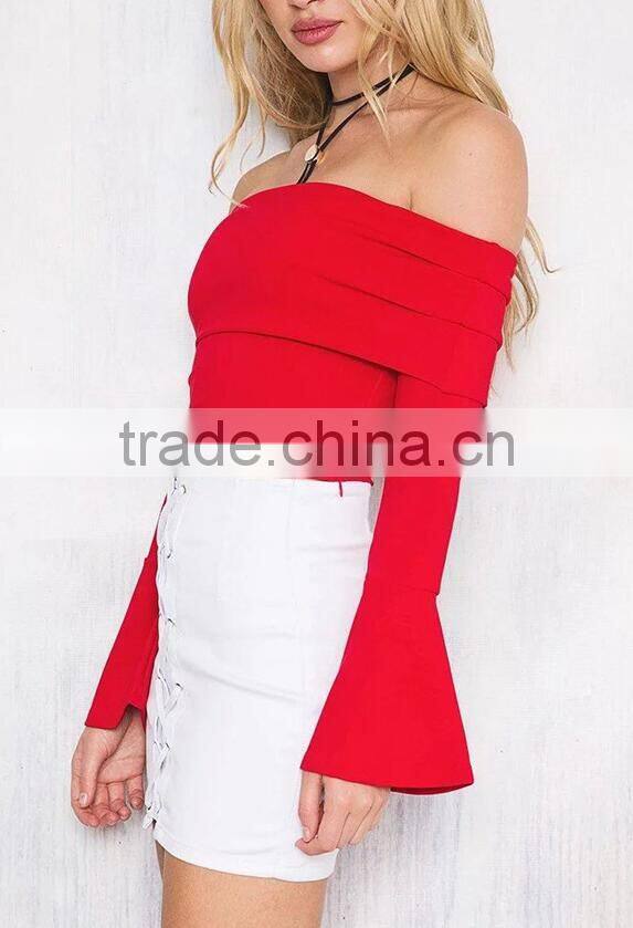 Runwaylover EY2337B 2017 Women Flare Sleeve Fashion Off-Shoulder Knitted Blouse