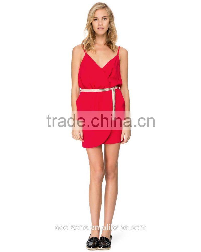 2015 Pleated waistline wrap-around with belt latest dress designs