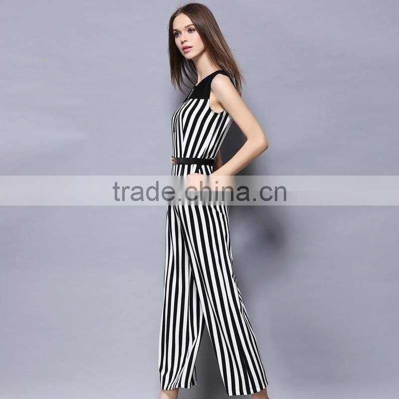 2017 Guangzhou wholesale stripe casual comfort unique mature elegant summer sleeveless jumpsuit with belt for ladies