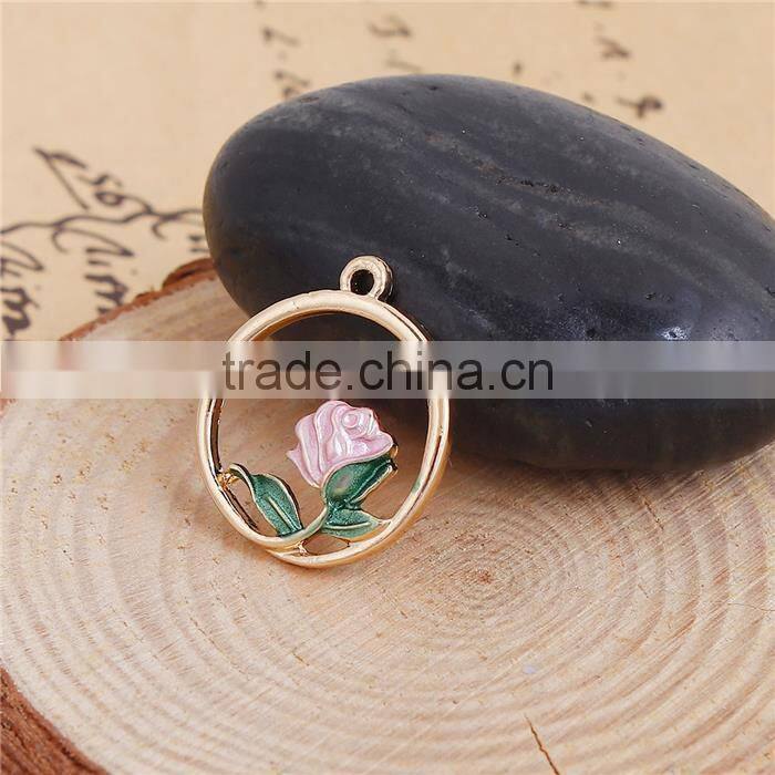 Zinc Based Alloy Enamel Flower Garden Style Charms Round Gold Plated Green Hollow
