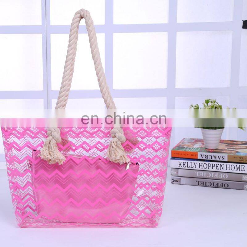 Pink Cotton Handle Weave Pattern Women Shoulder Tote Bag