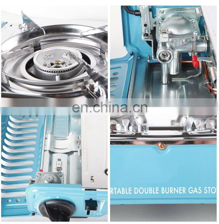 Portable gas stove 2 burner / indoor & outdoor commercial use / safety push gas control knob / stainless steel top