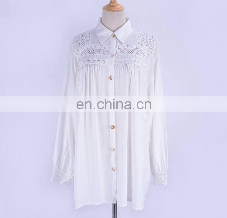 2019 White Cotton Shirt Ladies Sexy Hollow Out Turn Down Collar Bishop Sleeve Summer Beach Wear Women Tops and Blouse Tunic