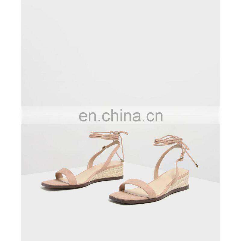 Elegant fancy new style design women lace up sandals ankle wrap with open square toe wedge heels footwear shoes
