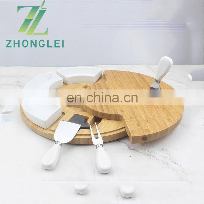 Bamboo Cheese Cutting Board Set - Charcuterie Board Set and Cheese Serving Platter with Ceramic dish