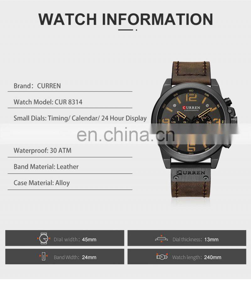 CURREN Mens Watches Top Luxury Brand Waterproof Sport Wrist Watch Chronograph Quartz Military Genuine Leather Relogio Masculino