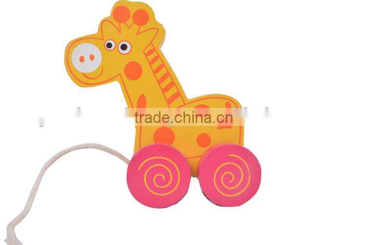 2015 Lovely Design and Hot Sale 4 Wheels Giraffe Shape Animal Toy Wooden Pulling Car Toy