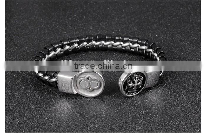 magnetic buckle stainless steel leather chain bracelet