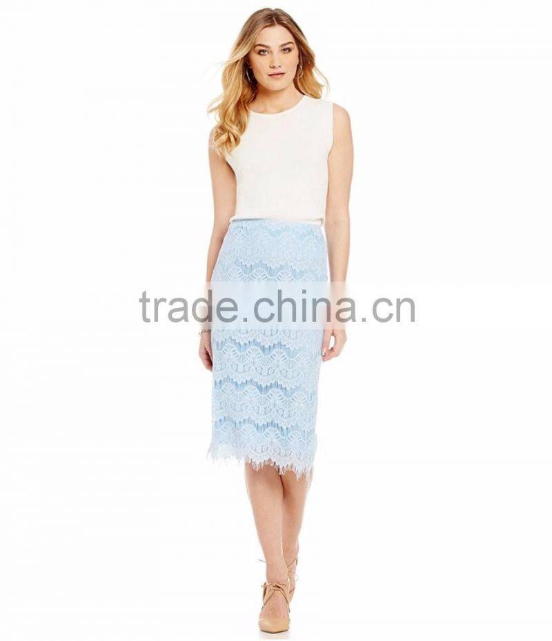 Allover lace scalloped fashion pencil lace blouse and skirt