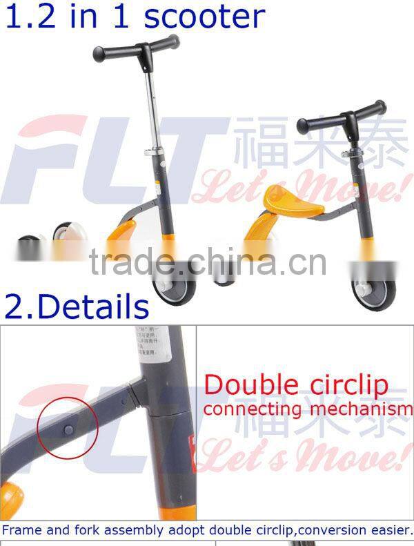 The Newest fashion 2 in 1 FLT-1006 three wheel scooter with strong steel and PU wheel for sale in 2013