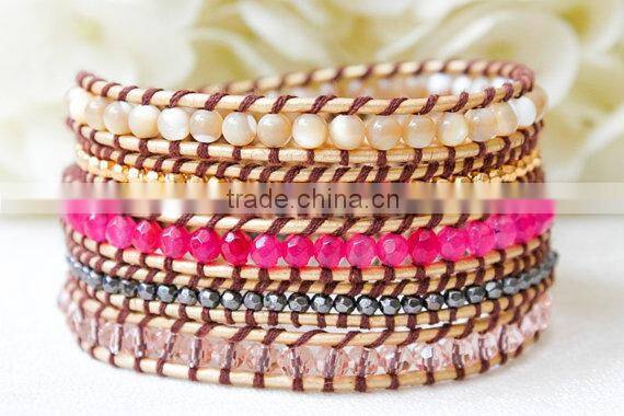 Gold plated Stripe Leather Bracelet with colorful beads