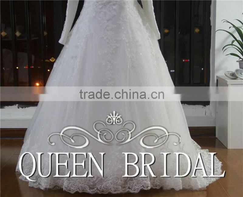 Real Works Appliques Muslim Bridal Wedding Dress Long Sleeve Ball Gown