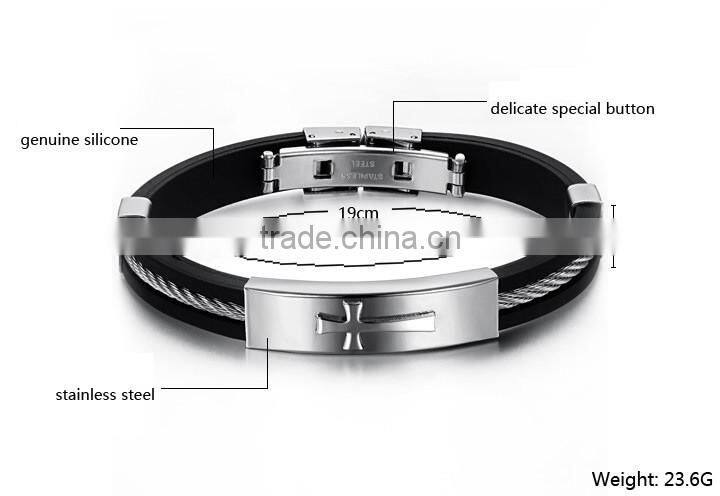 Stainless Steel Black Rubber Silicone Latin Cross Twisted Cable Religious Mens Bracelet
