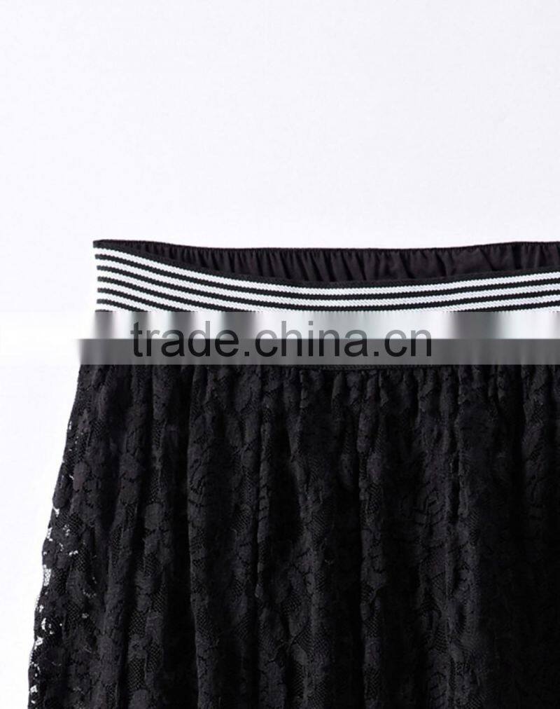 2016 Fashion Women Black Hollow Lace Midi Skirt
