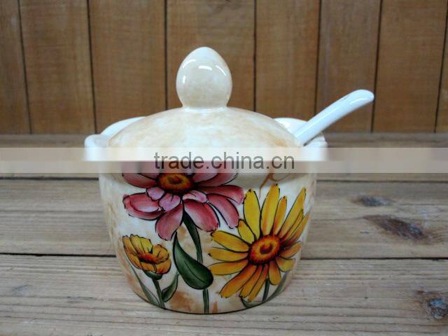 Wholesale handpaint daisy ceramic sugar pot with spoon set
