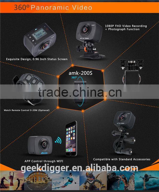 Digital Camera 360 Degree with dual lens 220 Degree Fisheye with HD 960P/30fps AMK200S 8.0MP WiFi Action Camera