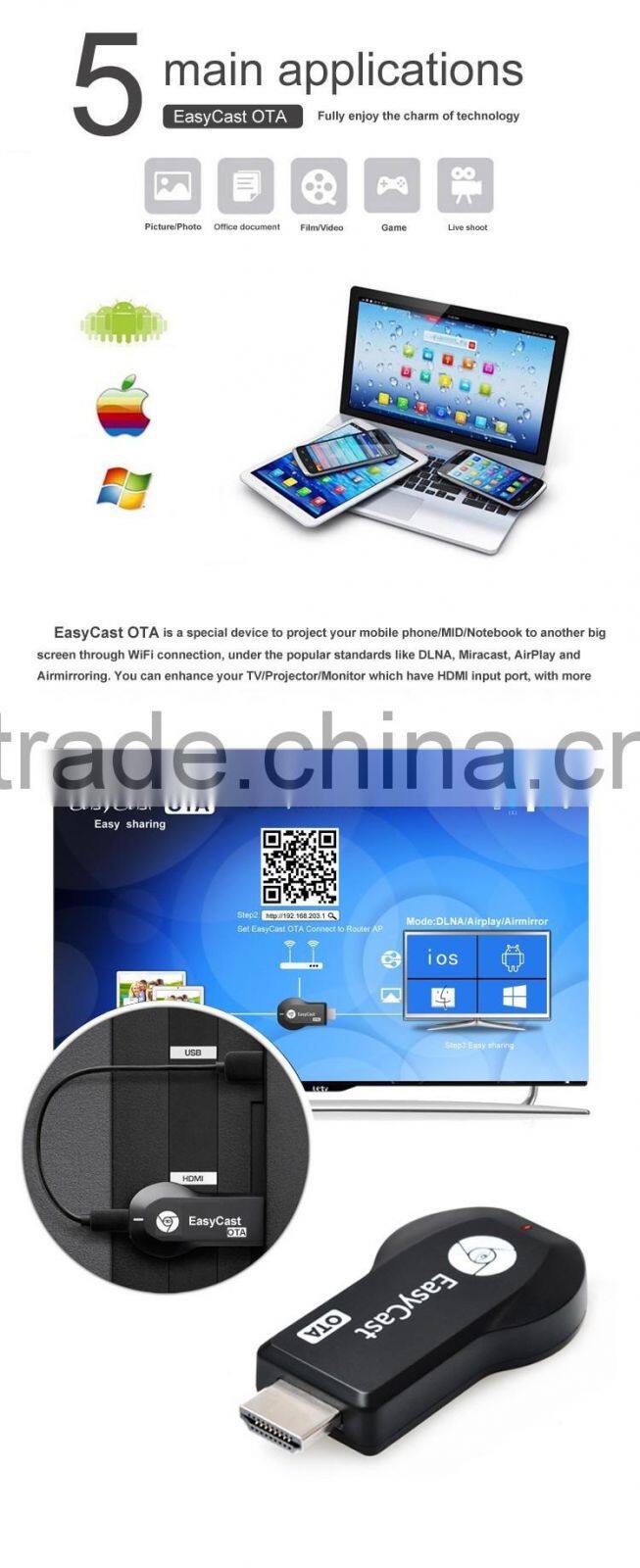 HDMI Miracast 1080P WiFi Display Easycast Dongle Mirroring DLAN Airplay Android IOS TV Stick