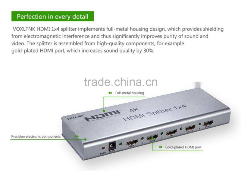 VOXLINK 4K HDMI splitter 1x4 (HDMI 1.4,HDCP1.4 ,4K,IR extension, EDID management, RS232) EU/US/UK/AU