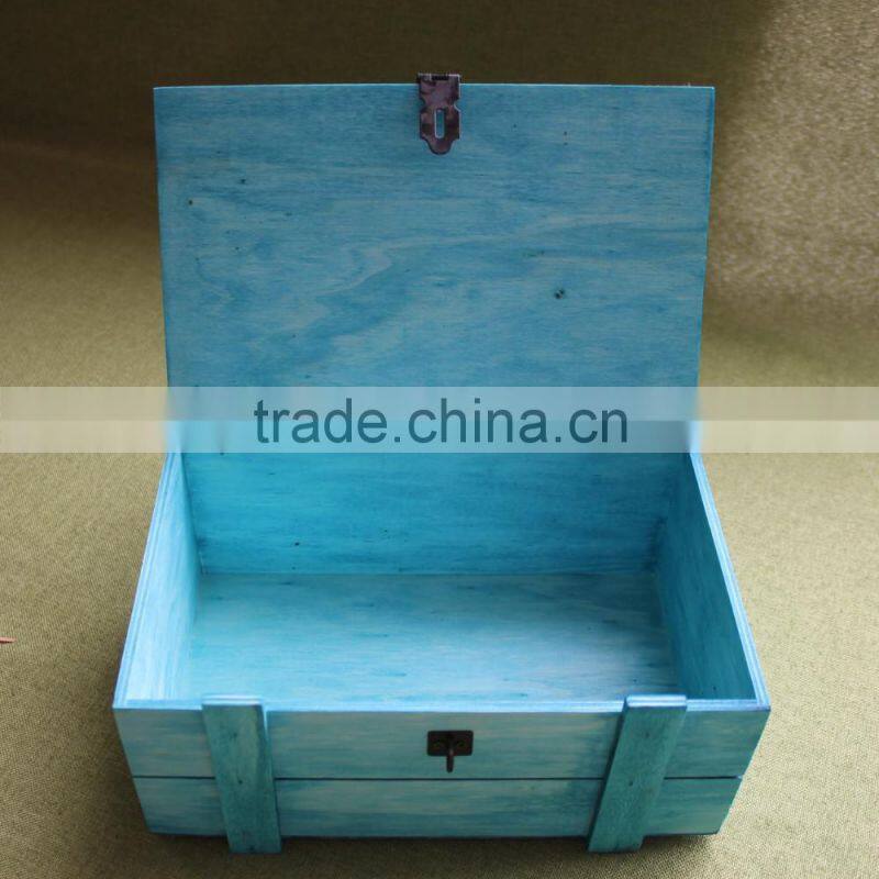 Vintage painted blue customized polished wooden box with lock