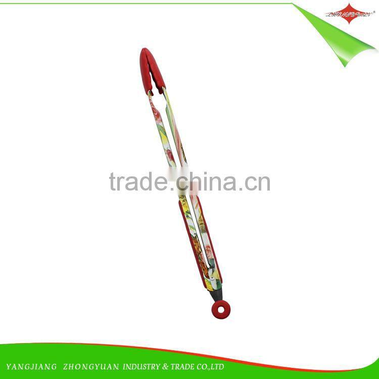 ZY-H2010 graceful design 14-inch BBQ silicone food tong with beautiful flower printed handle