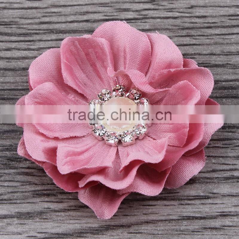 fabric flower with pearl rhinestone center for kids hair accessories