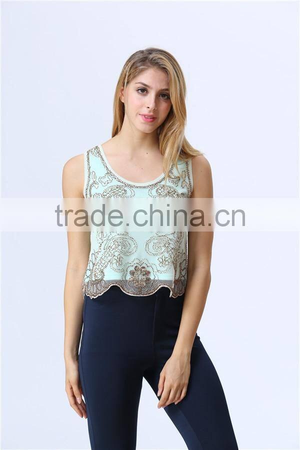 new design ladies sequin embroideried beaded cami top