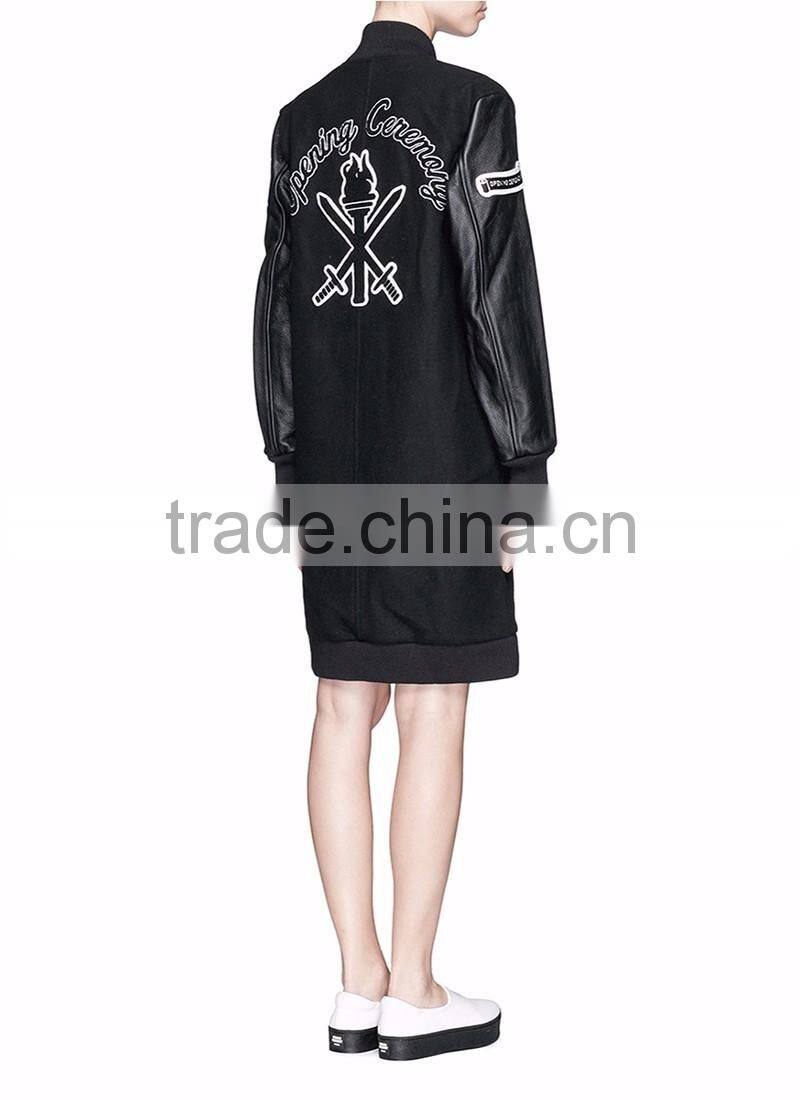 wholesale women custom black long varsity jacket with leather sleeves