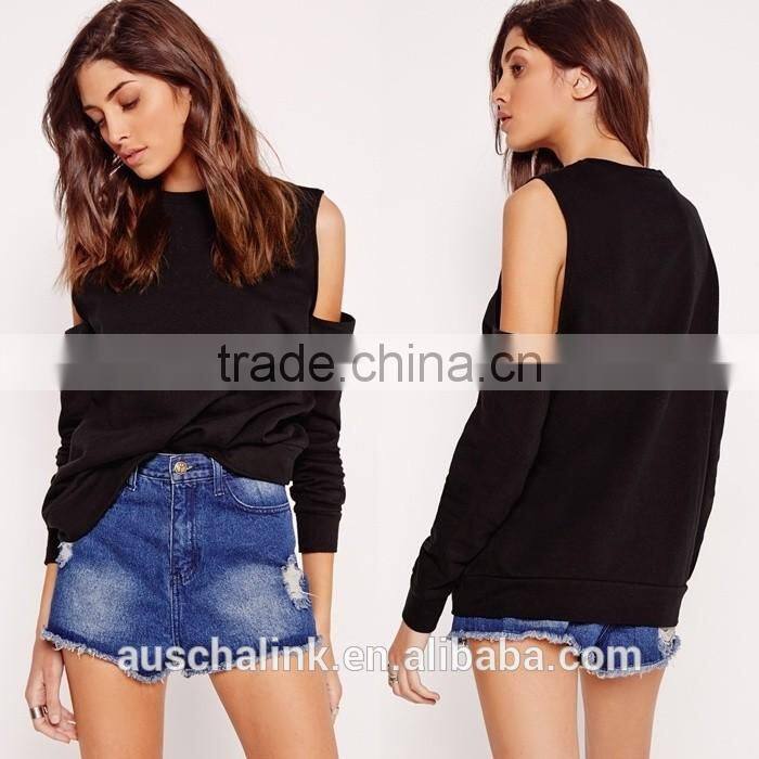 OEM service latest design lady black cold shoulder pretty sweatshirt
