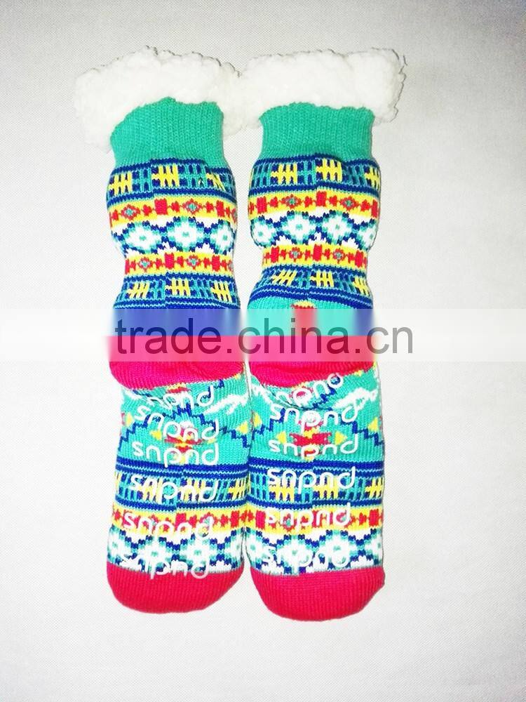 Ladies Chunky Thermal Knitted Fluffy Fleece Lined Fairisle Pattern Winter Slipper Socks