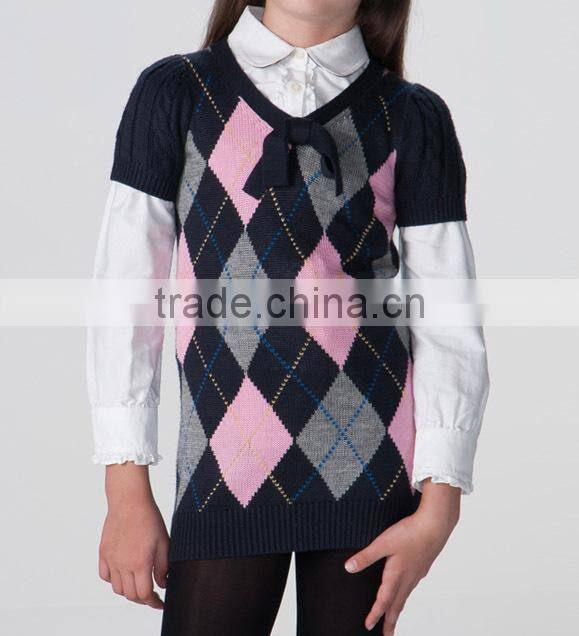 fashion V neck cotton short sleeved girls argyle sweater