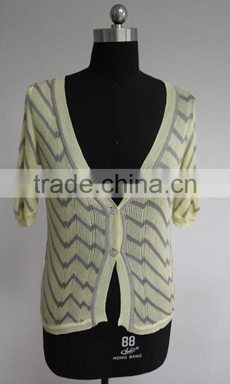 Ladies Fashion stripe knit 1/2 sleeve cardigan sweater