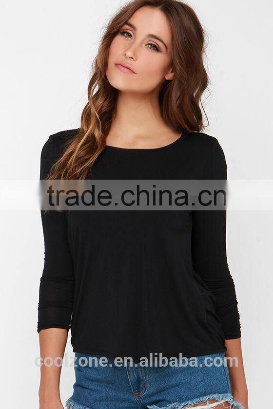 2015 fashion lady long sleeve twist back high neck backless blouse