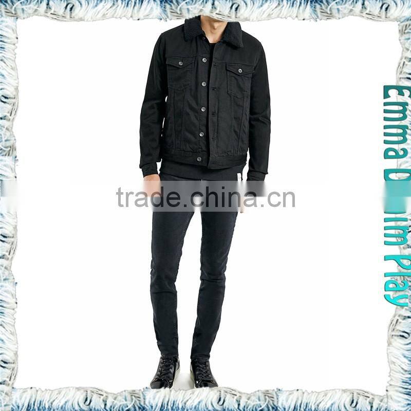Medium Wash Fur Collar Black Denim Mens Short Jackets