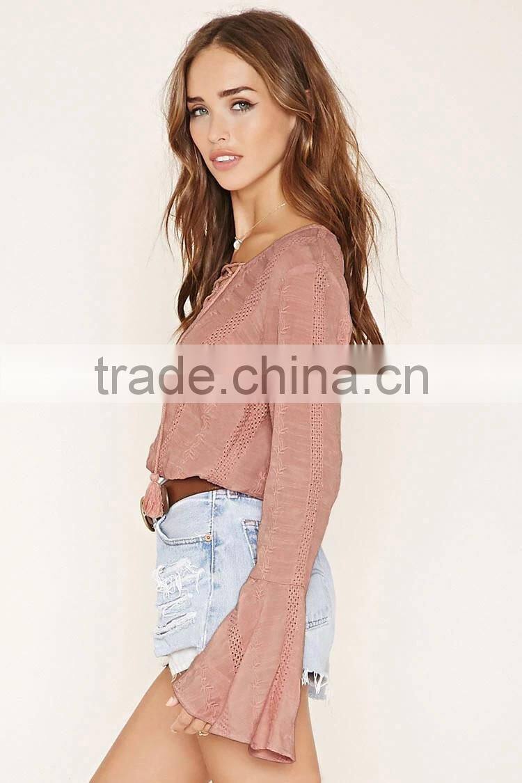 2016 high quality plain dyed cotton fashionable summer bell sleeve blouse