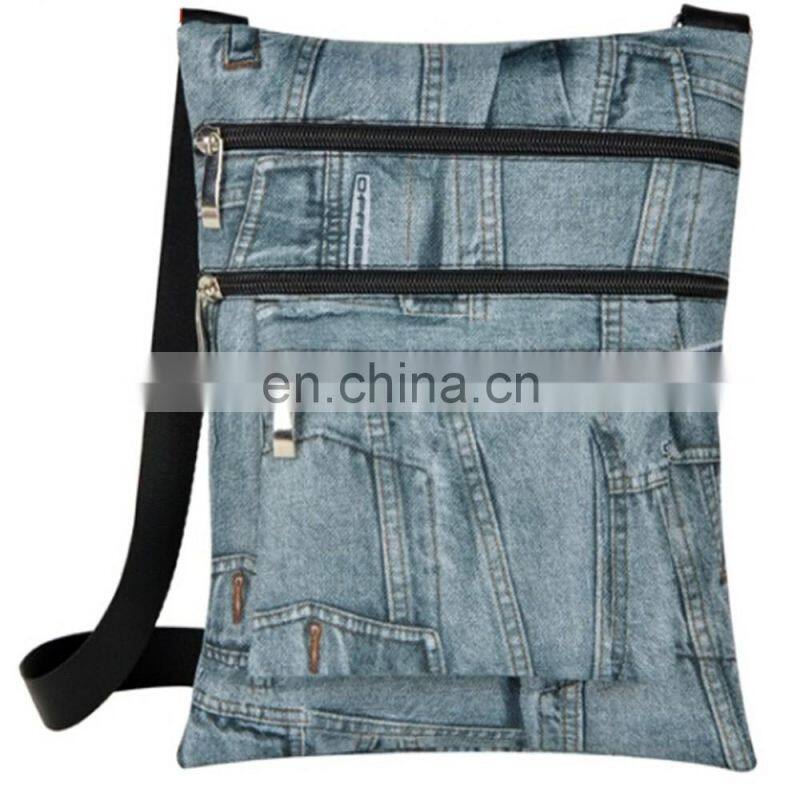 Blue Three Pocket Zipper Cheap Denim Passport Bag