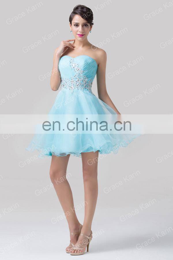 Newest Design of Grace Karin Strapless Short Blue Cocktail Dresses With Shining Rhinestone CL6178