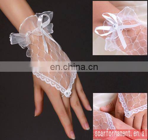 Factory Hot Sell Vintage Short Net Fingerless Glove For Wedding Customed Black &Red Fishnet Bridal Gloves With lace Trim