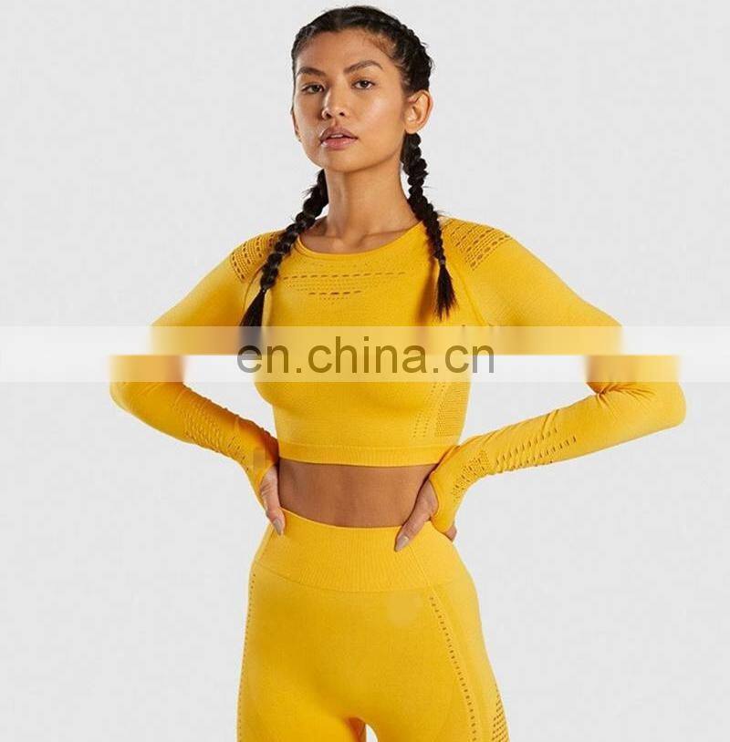 Long Sleeve Running Shirts & Full Length Gym Fitness Tights set womens seamless Crop Top Gym yoga set