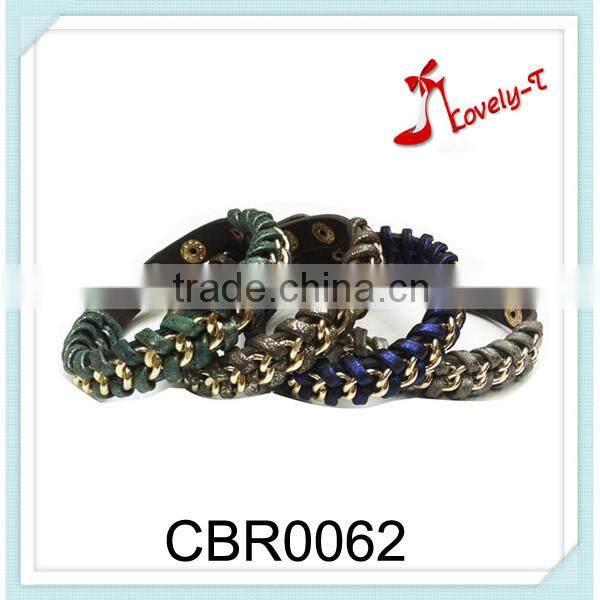 New fashion hand chains snappre PU leather alloy chain bracelet,braided fancy chain bracelet for girls