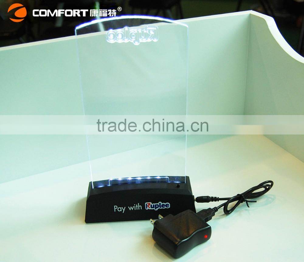 Rechargeable clear illuminated led table tent